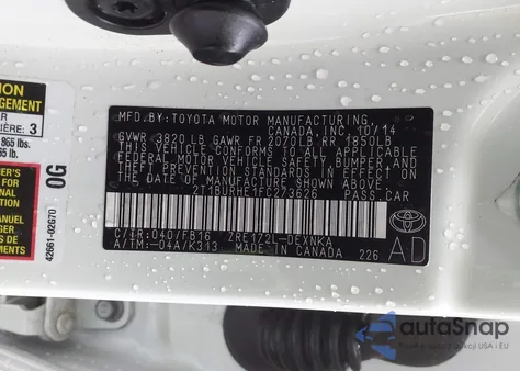 2015 Toyota Corolla Le из США, поврежденный, VIN 2T1BURHE1FC273626